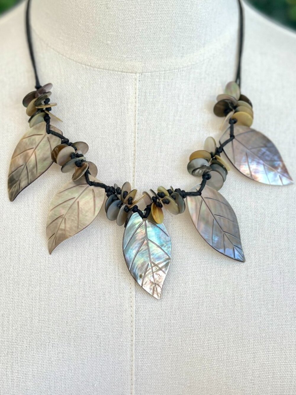 Hand-Carved Iridescent Mother of Pearl Leaves Boho Fairy Bib Statement Necklace